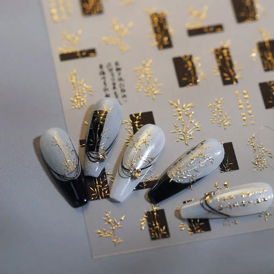 

24Pcs New Chinese Bamboo Nail Stickers Gold Foil Embossed DIY Nail Art Decals Press On Nails Luxury Style ﻿