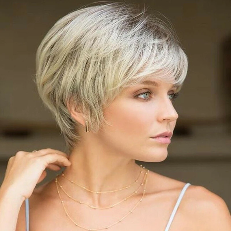 Women Short Cut BOB Wig Slightly Wave Hair Ombre Boy Synthetic Wigs