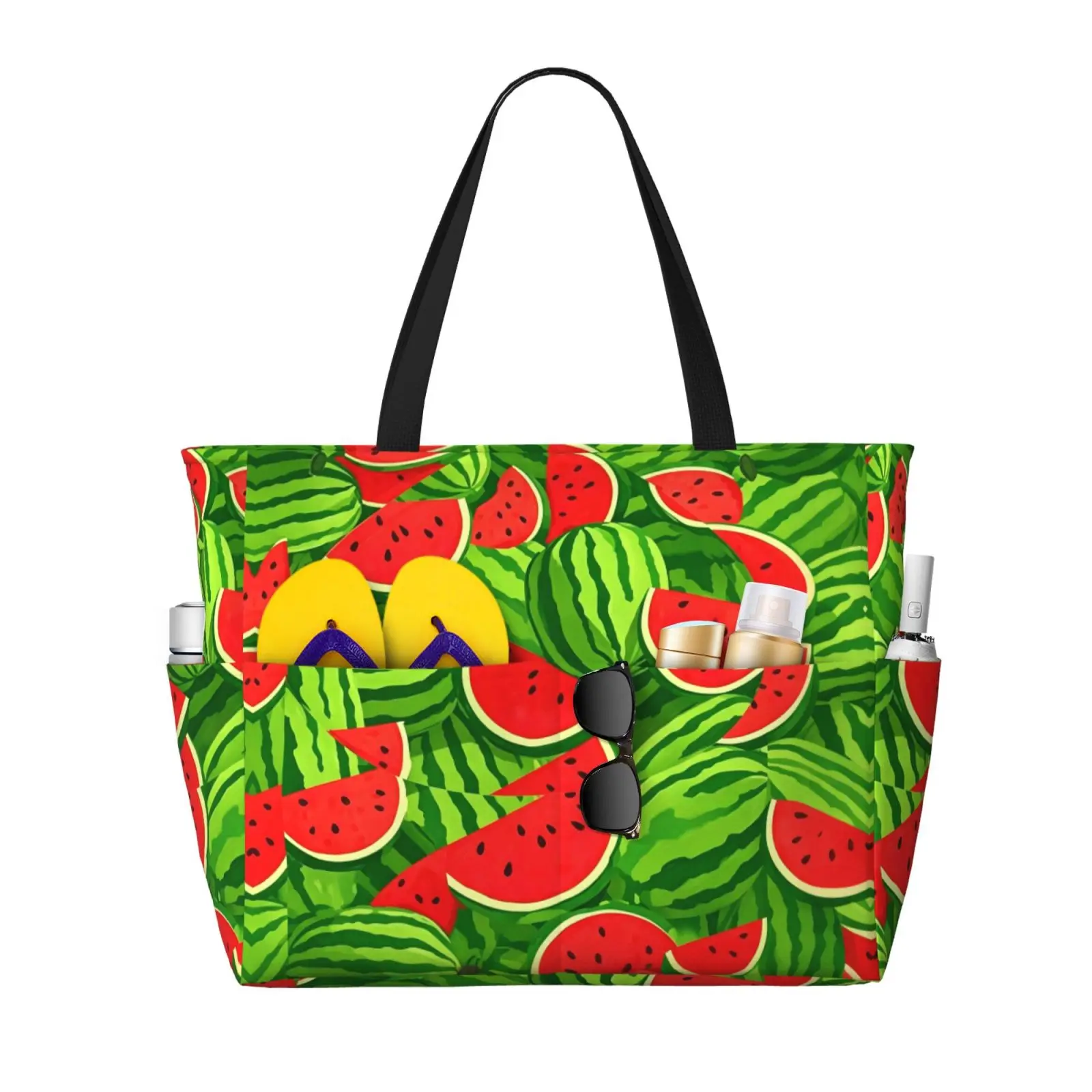 Watermelon Summer Beach Tote Bag Multi Pocket Shoulder Handbag With Side Holders Women Portable Travel Picnic Shopping Daily