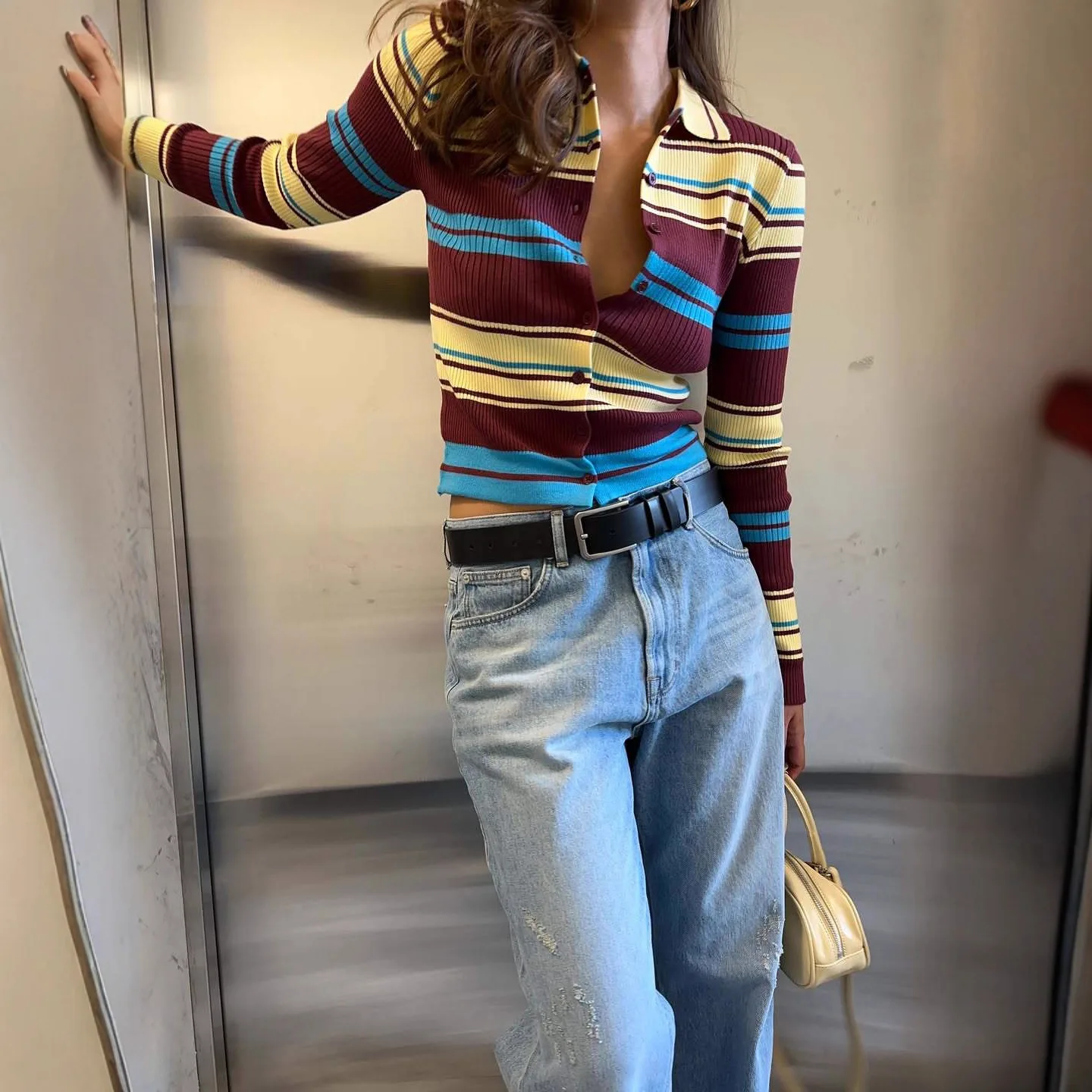 Striped Cardigan Long-sleeved Single-breasted Knitted Sweater Autumn Retro Slim and Thin Versatile Top