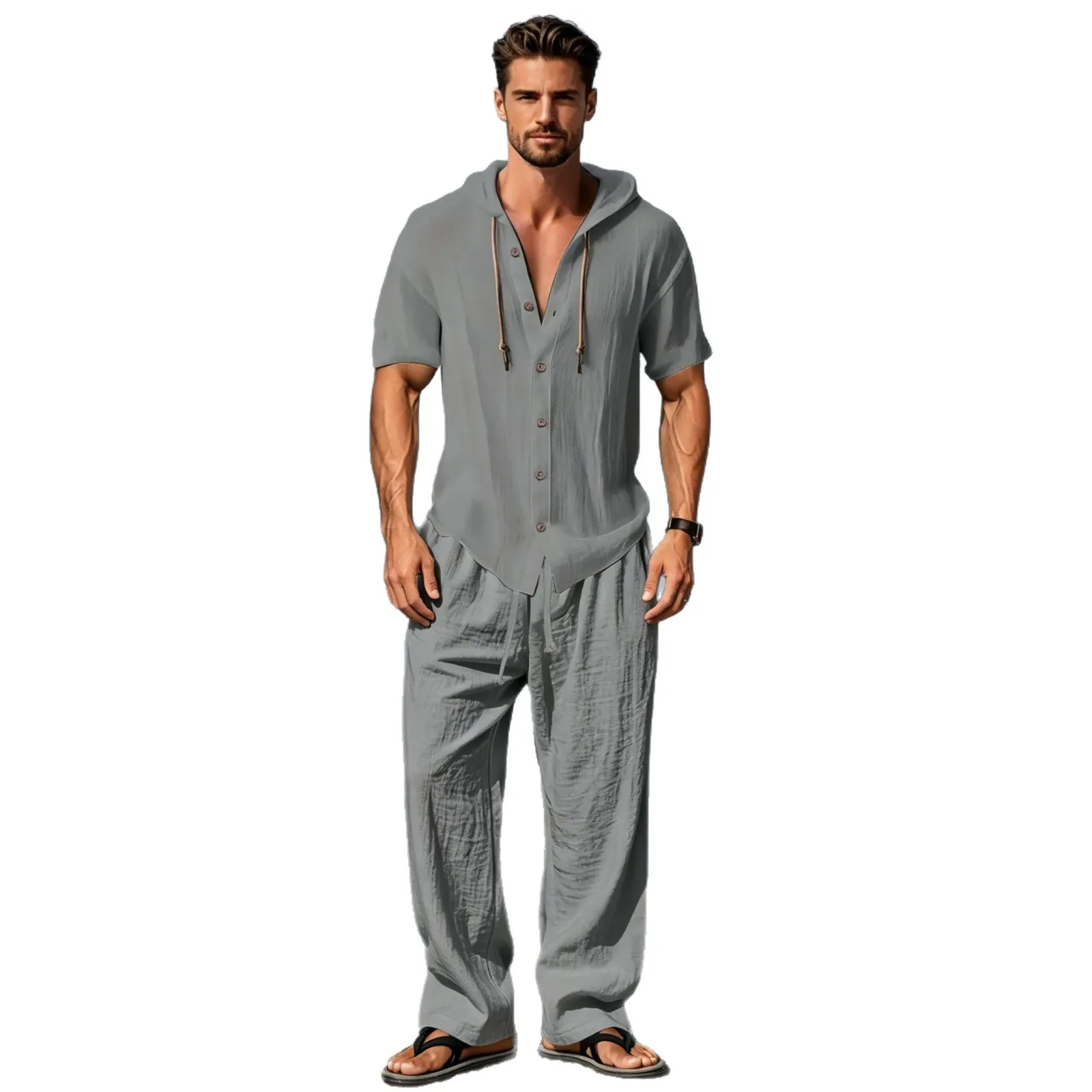 Ji European and American men's sports and leisure hooded linen short-sleeved cardigan loose cover