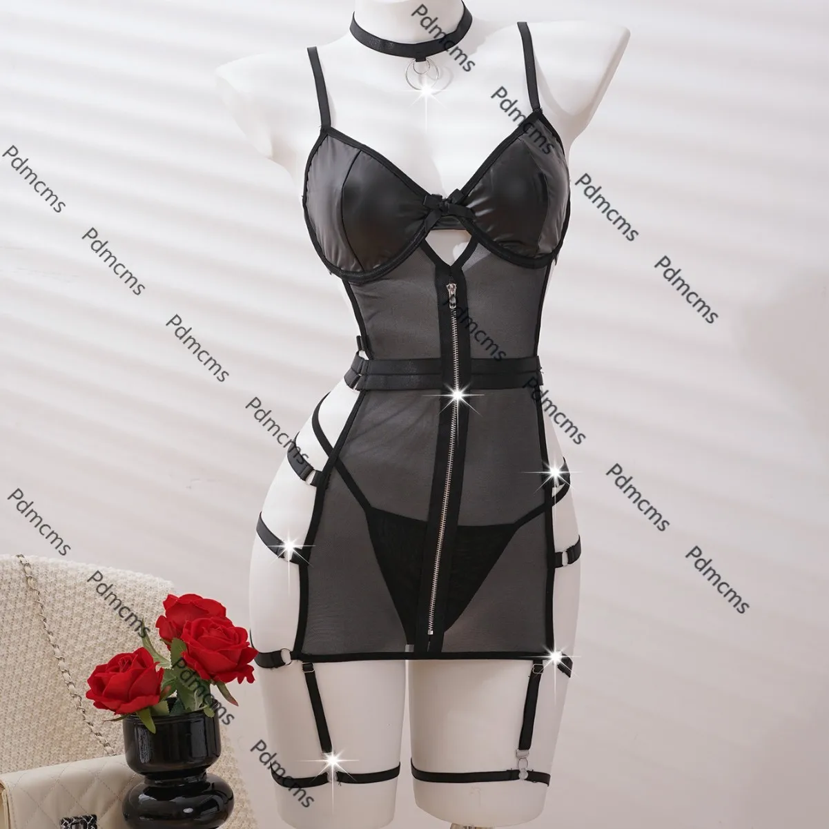 

2025 new INS European and American perspective mesh leather splicing temptation slim one-piece zipper sexy underwear set women