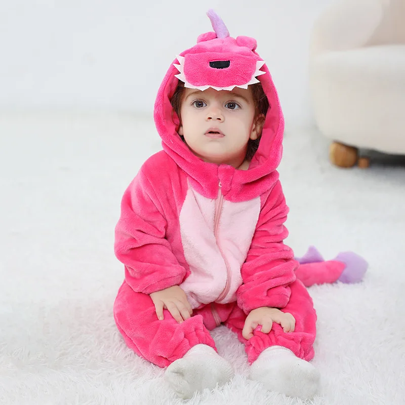 New Lovely Dinosaur Baby Girls Clothes Romper Soft Warm Winter Infant Onesie Bodysuit Kigurumis Cosplay Costume Hooded Zipper