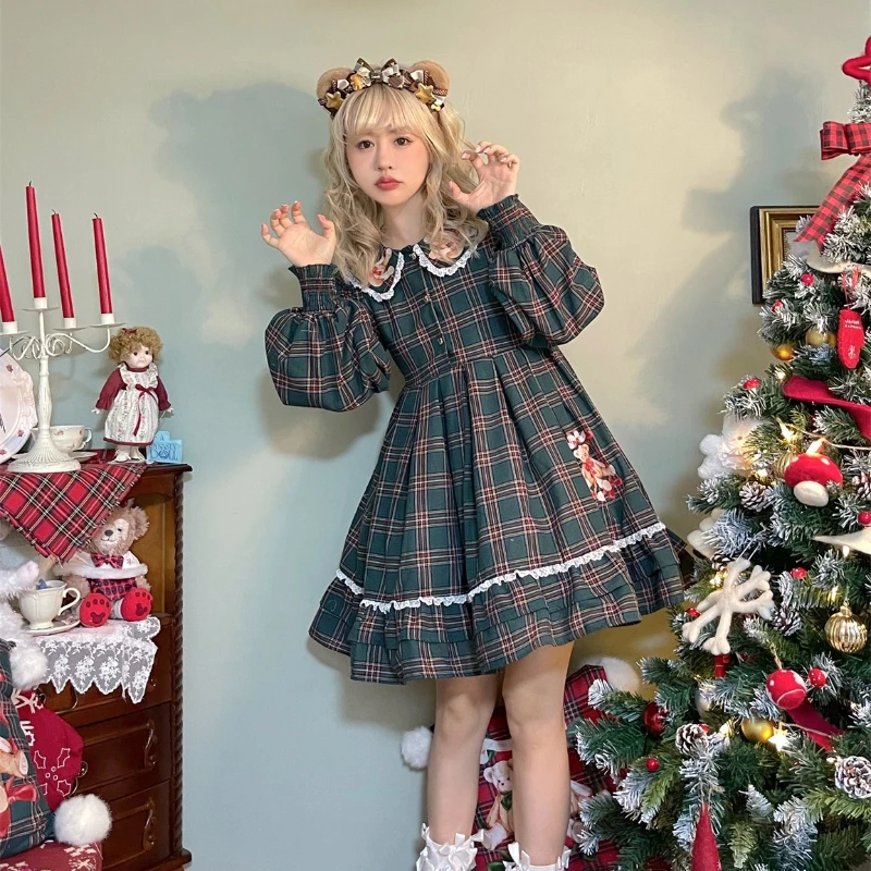 Japanese Kawaii Christmas Lolita Dress Women Sweet Peter Pan Collar Lace Plaid Princess Dresses Girl High Waist Slim Party Dress