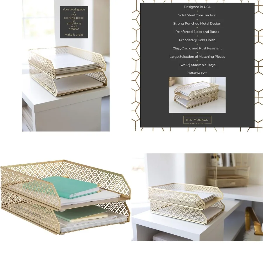 BLU MONACO منظم الملفات الذهبية مجموعة صواني الورق القابلة للتكديس مكونة من 2 لمكتب المكتب وصواني الرسالة منظم مكتب ذهبي لـ Efficie #1
