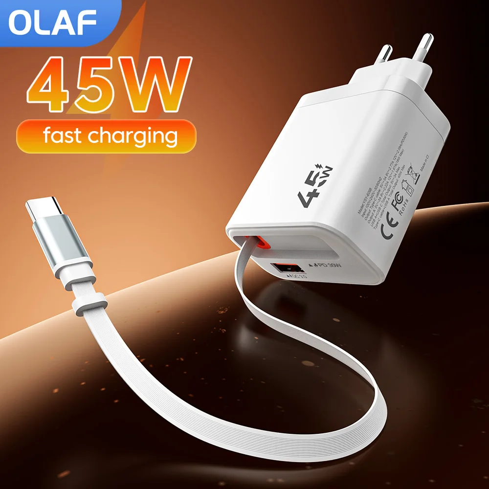 

Зарядное устройство Olaf 45W USB Type-C с выдвижным кабелем USB-C для iPhone 17, 16, 15, Xiaomi, Samsung, Huawei – быстрое зарядное устройство PD USB-C