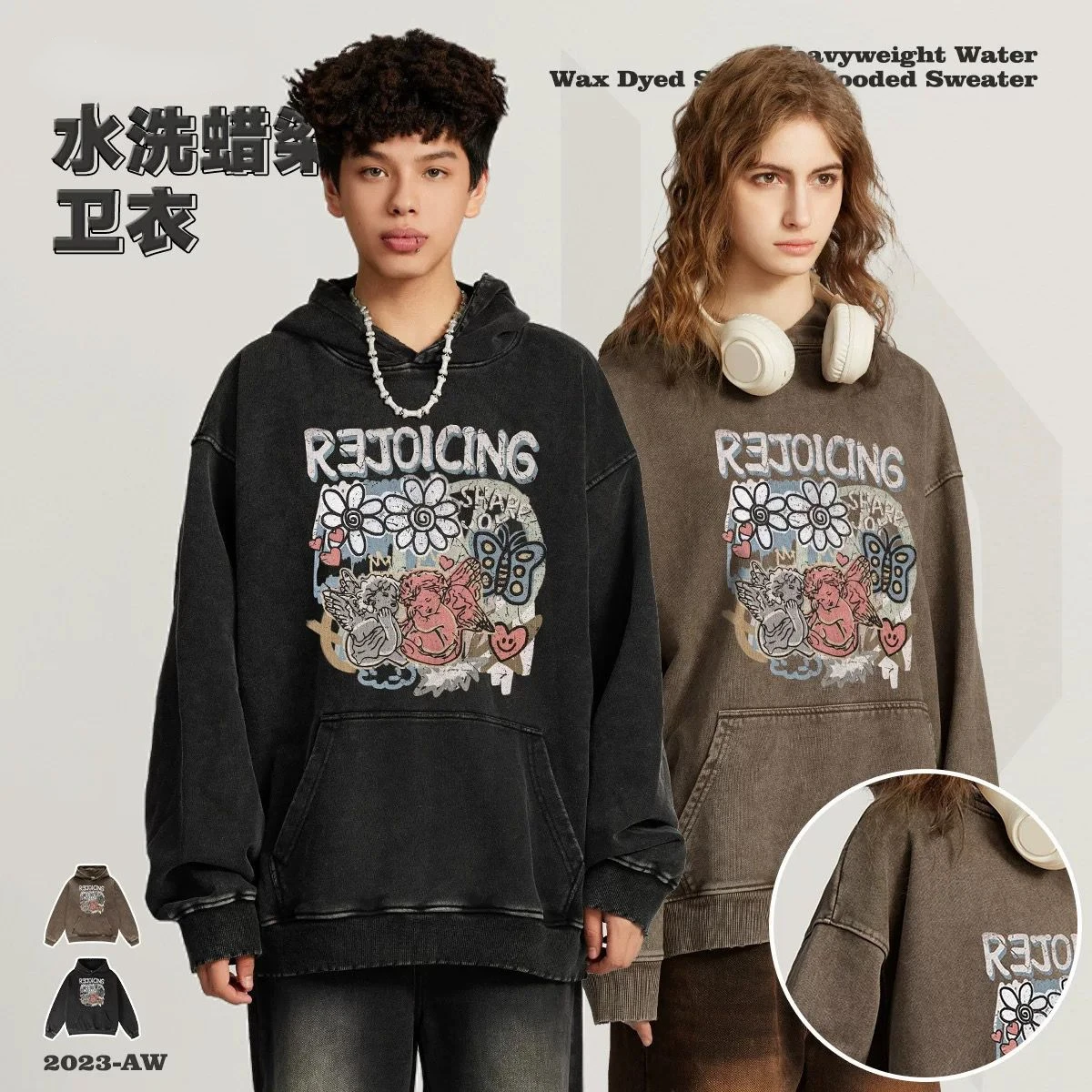 

2024 autumn and winter American Harajuku retro washed batik printed hooded sweatshirt street loose heavyweight y2k clothes