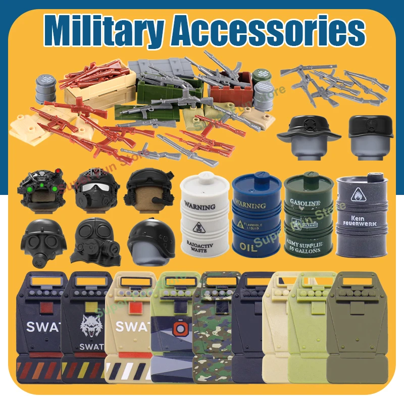 WW2 Military Soldiers Gear Model Accessory Pack Building Blocks MOC SWAT Special Forces Shield Helmet Oil Drum Bricks Toys Gifts