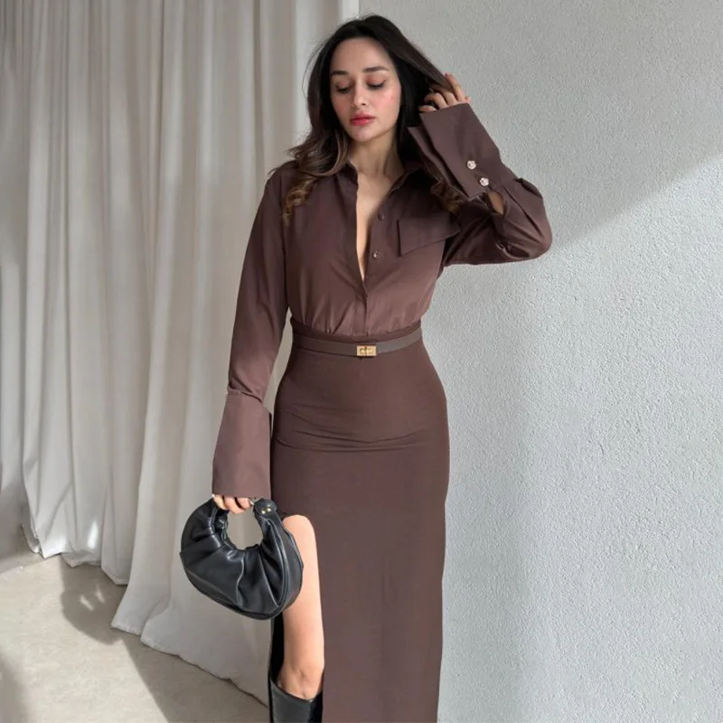 

2026 New Women Fashion Elegant Solid Color Long Sleeve Zipper Button Top Belt Bodycon Maxi Skirt Set Temperament
