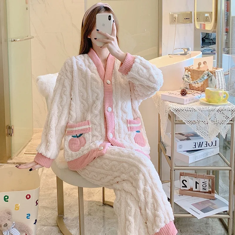 Women's Coral Fleece Pajamas Set Thickened Fluffy Home Clothes Winter Warm Cartoon Print Loose Fit Velvet Sleepwear