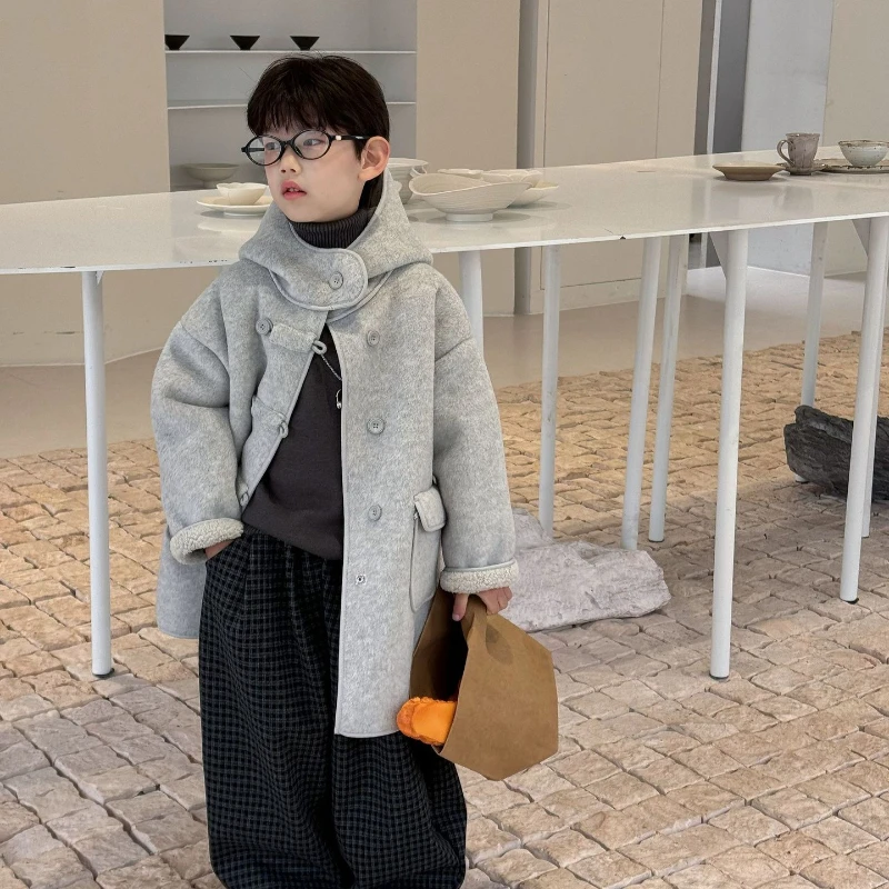 

2025 Winter New Children's Lazy Style Thickened Solid Color Woolen Medium Long Velvet Coat