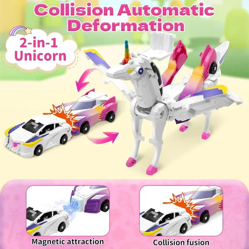 

A magical and colorful Pegasus unicorn magnetic collision transforming car robot toy, suitable for children, both boys and girls