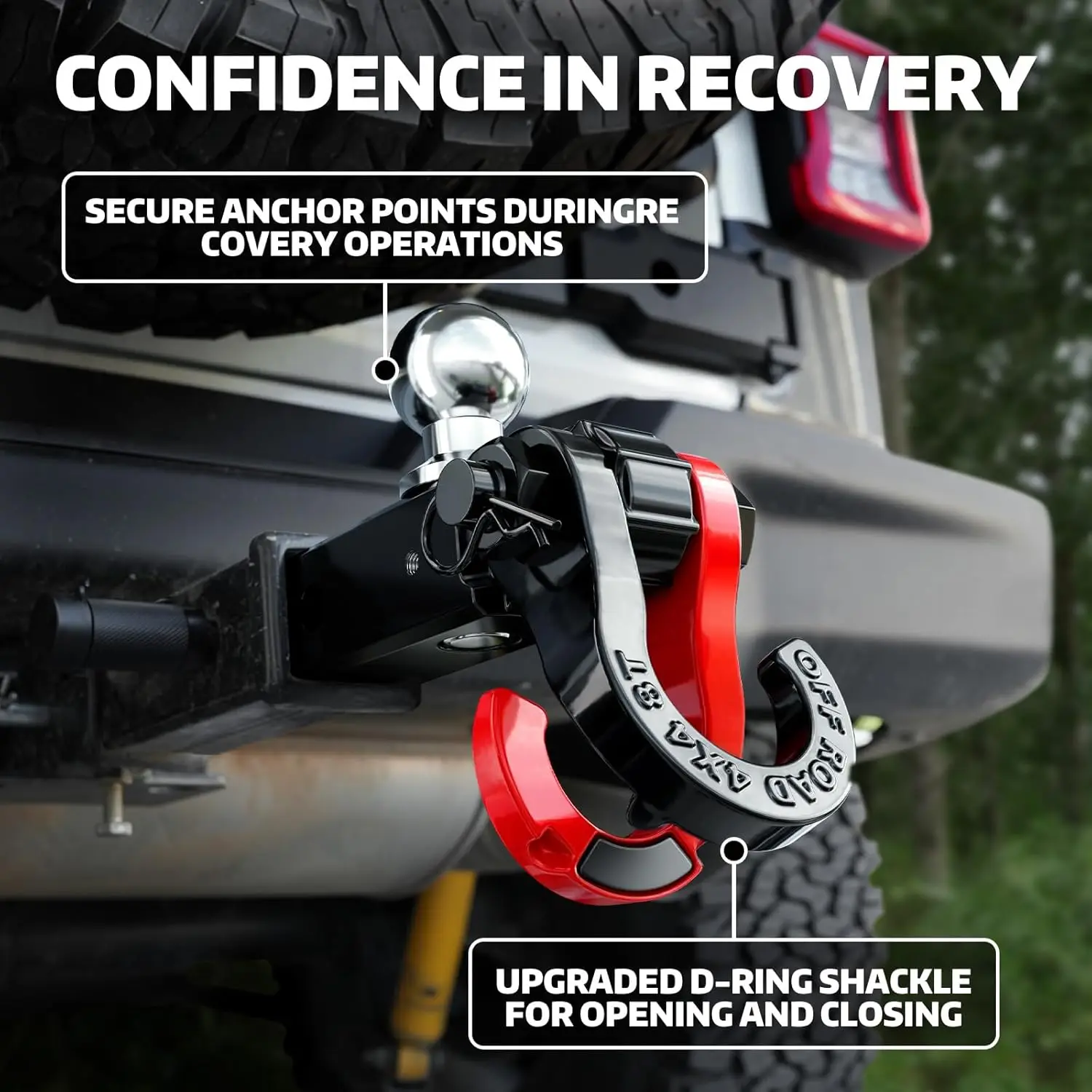 Trailer Towing, Metal, Red, Comes with 3/4 - inch Recovery Shackle, Locking Hitch Pin and 2 - inch Tow Hitch Ball