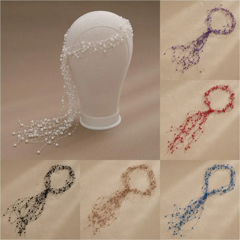 

Handmade Bridal Pearl Headband Imitation Pearl Multi-Layer Pearl Tassel Headpiece Long Tassel Headband Crystal Pearl Hair Vine