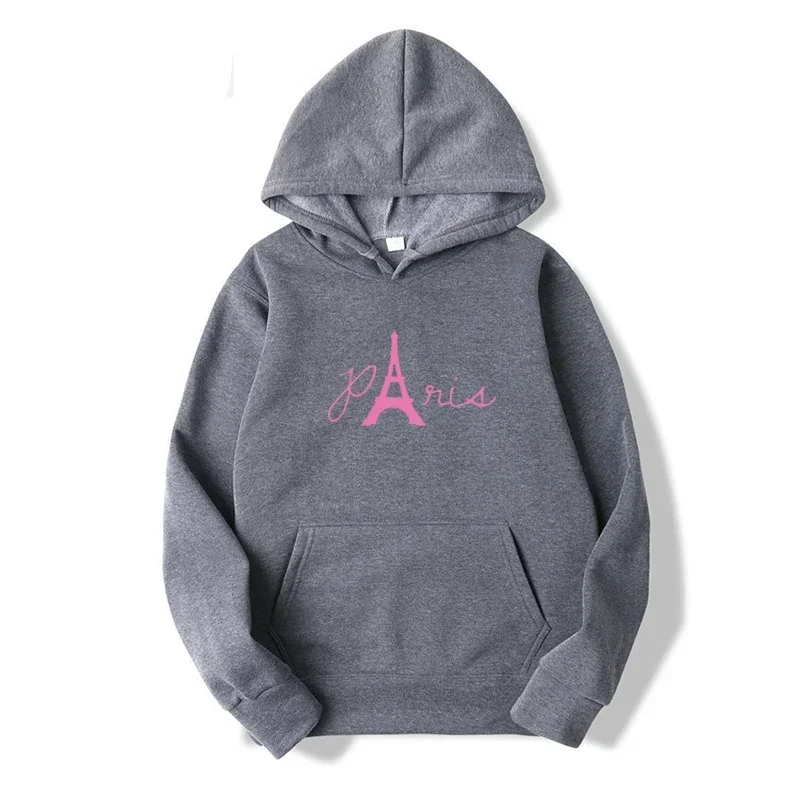 Spring Autumn Cute Pink Paris Printed Hoodies for Women Outdoor Sport Pullover Top Loose Hooded Sweatshirt Hip Hop Sweaters