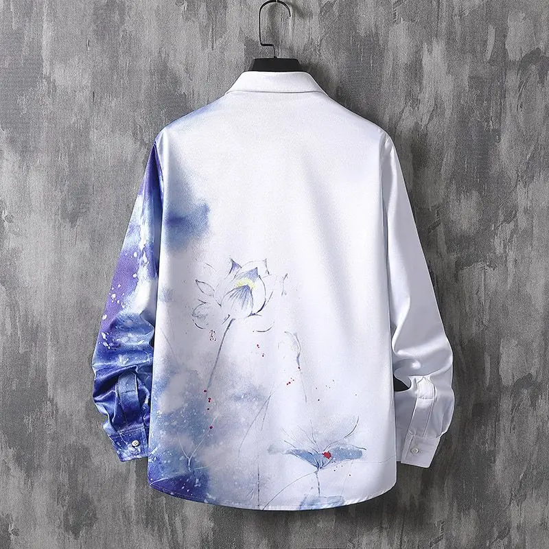 2024 New Spring and Autumn Fashion Chinese Style Landscape Painting Printing Handsome Ink China-Chic Long Sleeve Shirt Male