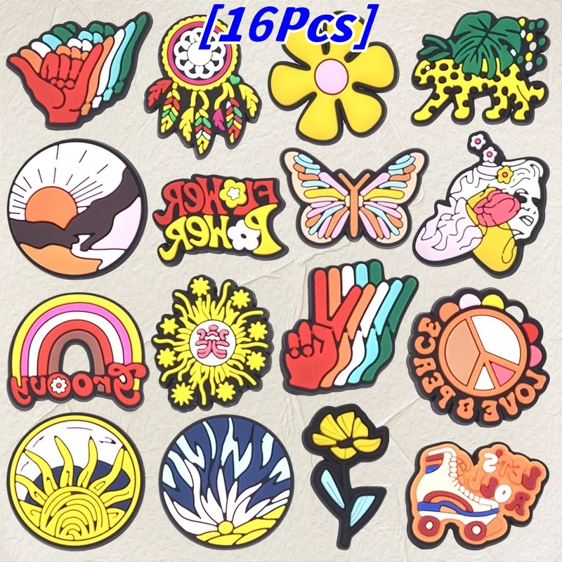 

9/16Pcs Peace Love Cartoon Garden Shoe Decoration PVC Soft Cartoon Butterfly Charm Buckle Lady Slipper Accessories Spring Button