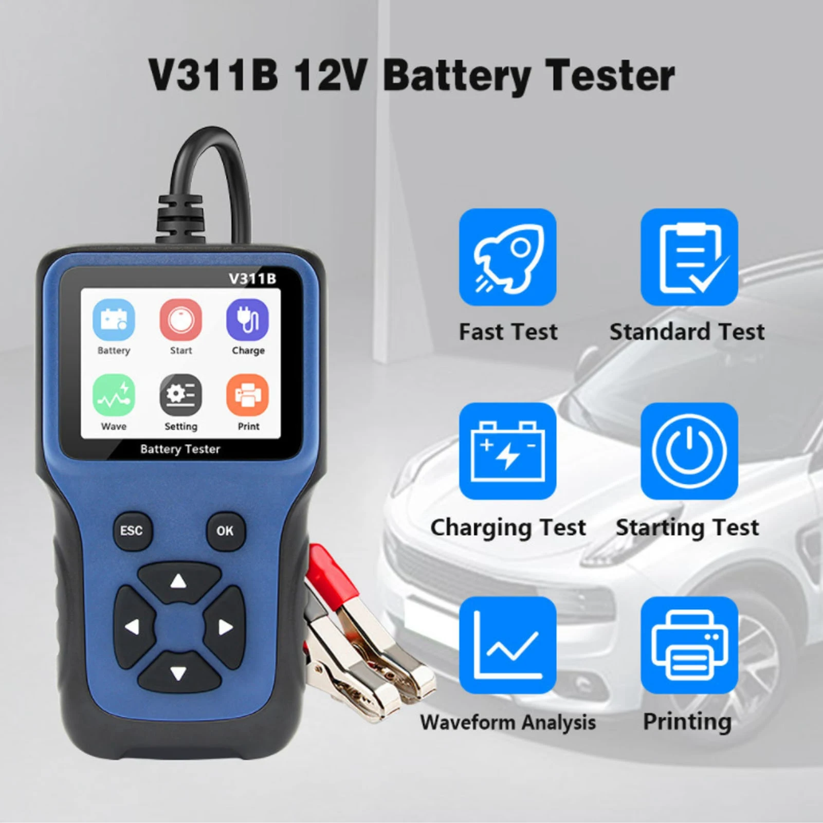 

V311B 12V Car Battery Tester 100‑2000CCA Charging Circuit Load Tester Load Detector Diagnostic Tool for Car SUV Boat Motorcycle