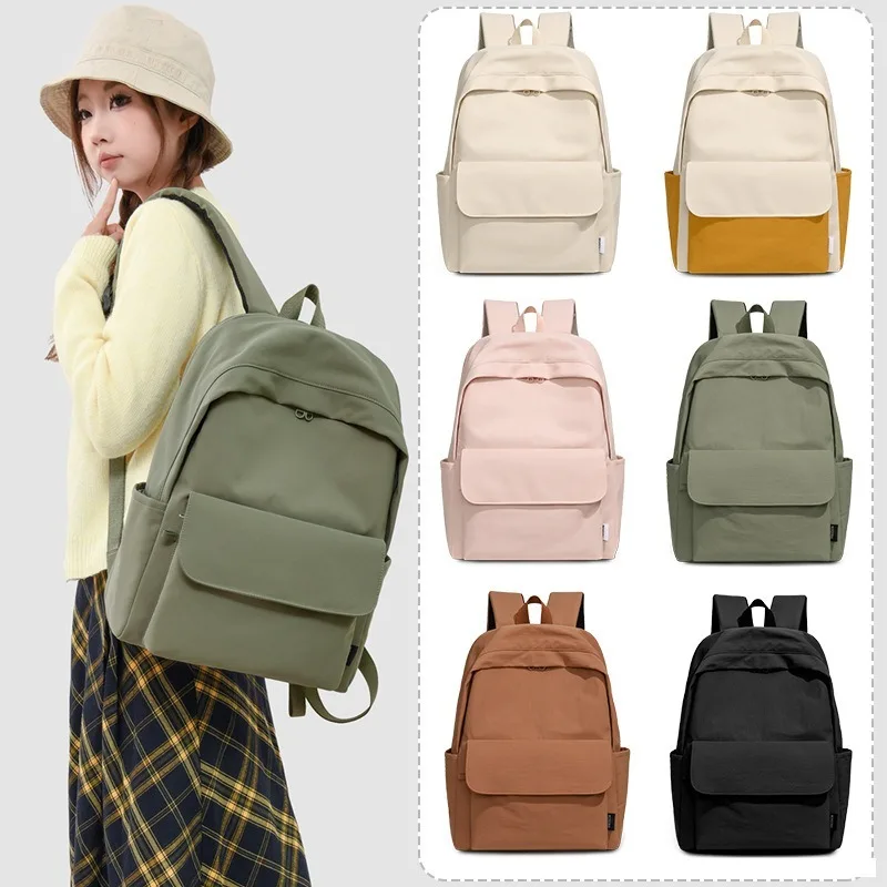 Japanese Casual Women Backpack Solid Color Minimalist Daypack College Student Schoolbag Outdoor Waterproof Large Travel Rucksack