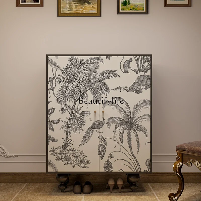 

French retro modern simple home entrance door solid wood shoe cabinet living room cabinet against the wall