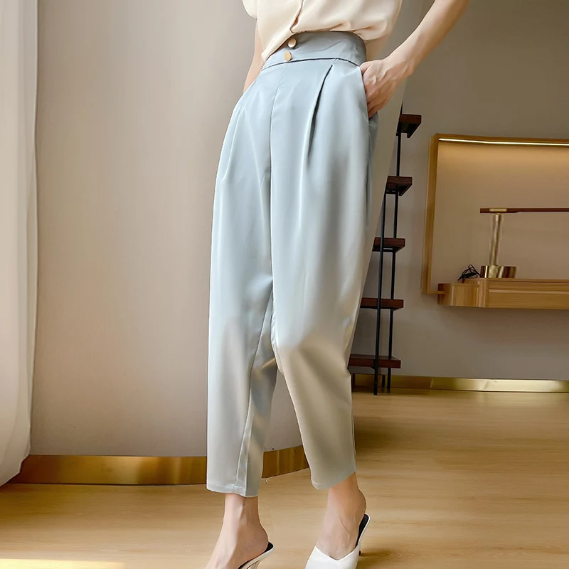 Silk Satin Straight Leg Pants Women's High Waist Wide Leg Nine Points Commute Style Casual Pants Luxury Smooth Acetate Fabric