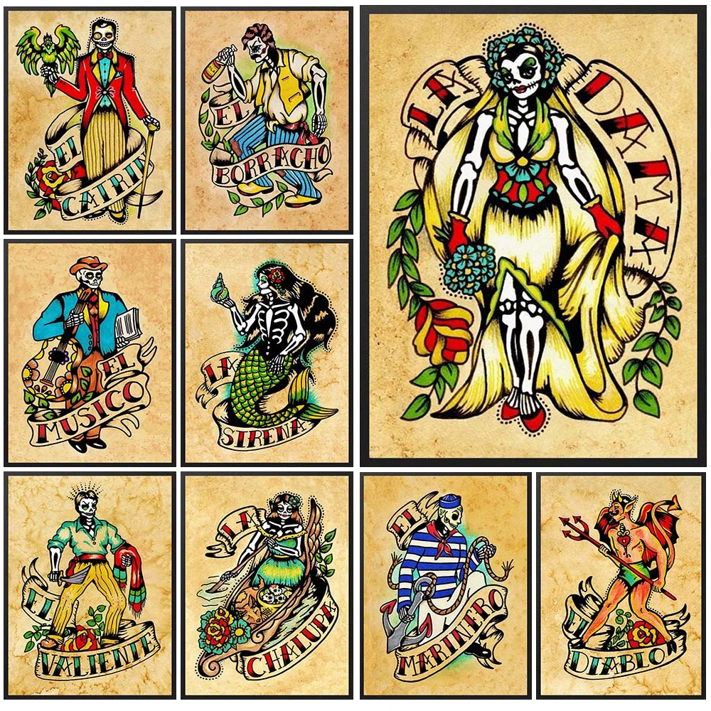 

Tattoo Grimace Skull Mexican Day of the Dead Wall Pictures For Living Room Nordic Poster Wall Art Canvas Painting Unframed