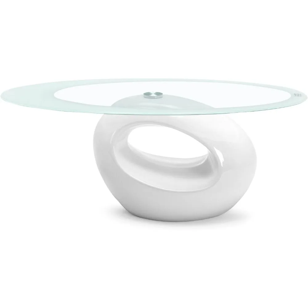 Contemporary Glass Coffee Table for Living Room，Tempered Glass Top & Glossy Solid Base for Storage