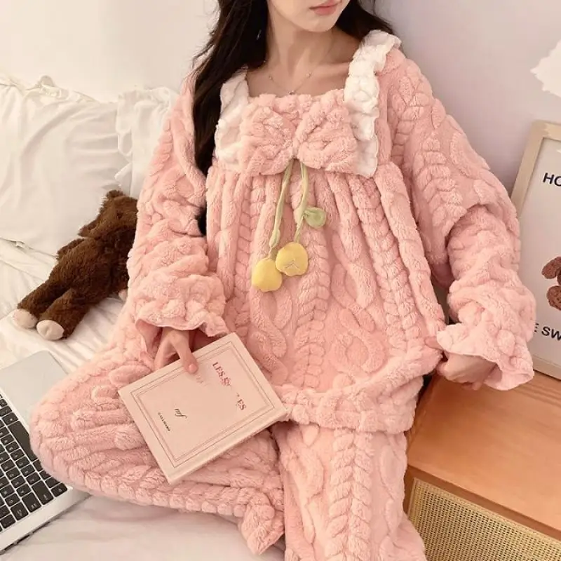 

Женский хлопковый пижамный комплект из двух предметов, милая зимняя теплая одежда для сна, уютная удобная одежда с длинными рукавами и брюками, домашняя одежда, домашняя одежда