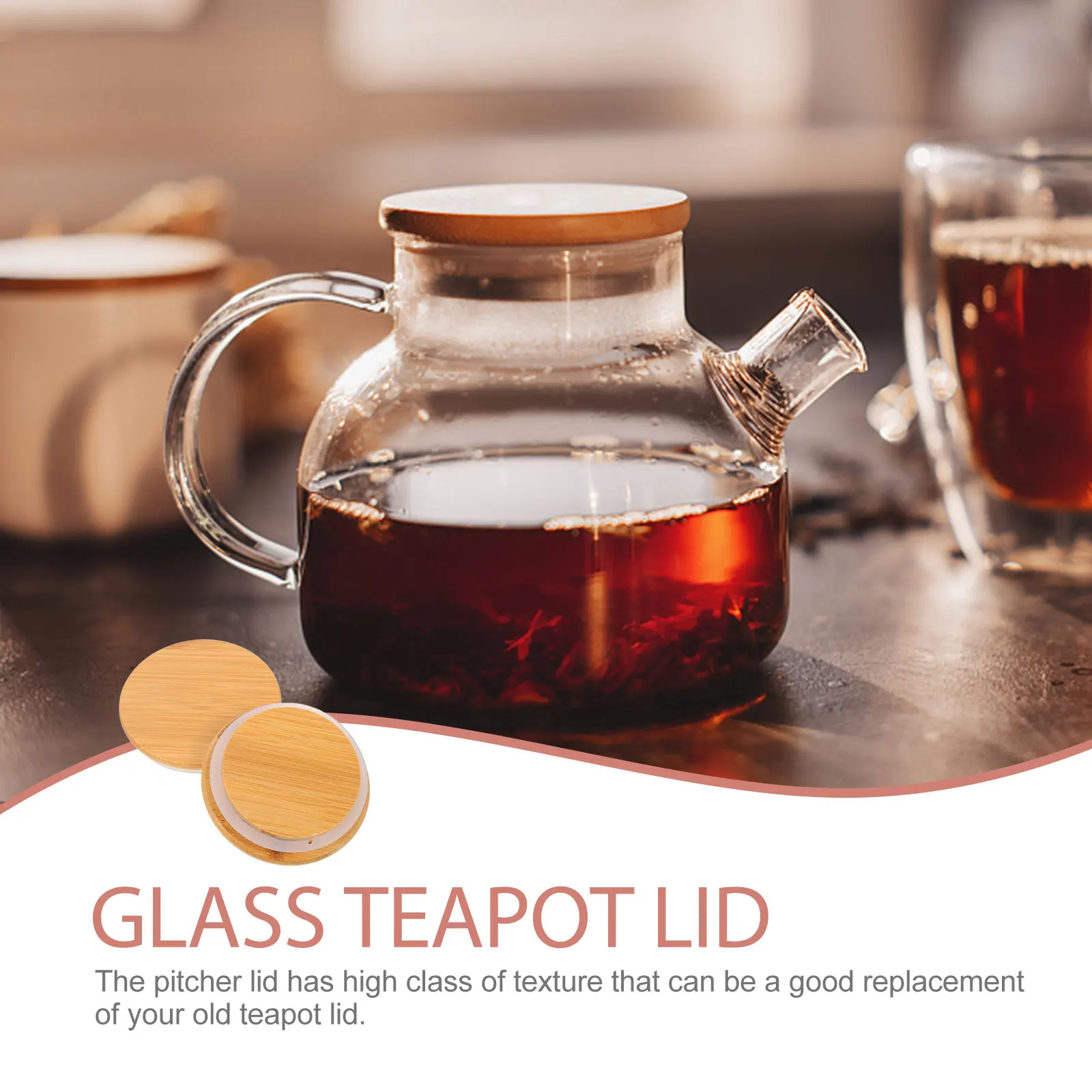 

2pcs Teapot Glass Pitcher Cover Transparent Bamboo Cap Kitchen Household Jug Daily Use Jug Lid Accessories Replacement