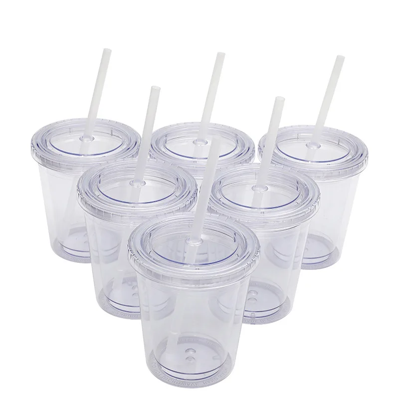 Plastic Double Wall Tumbler Cup with Straw, Black and Green Lid, Flat Lid, 350ml, 12oz, New, 2024