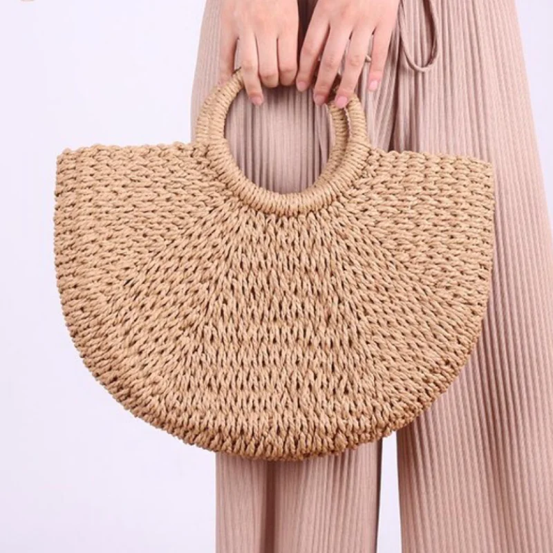 Grass Woven Bag New Paper Rope Round Bucket Simple Solid Color Woven Bag Retro Casual Handheld Vacation Beach Bag