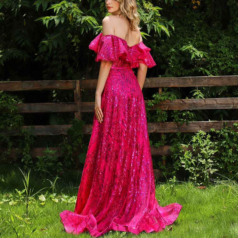 Hot Pink Evening Dress For Wedding Party Ruffled One Shoulder Beaded Sequins Prom Gown Celebrity Formal Wear Vestido Festa