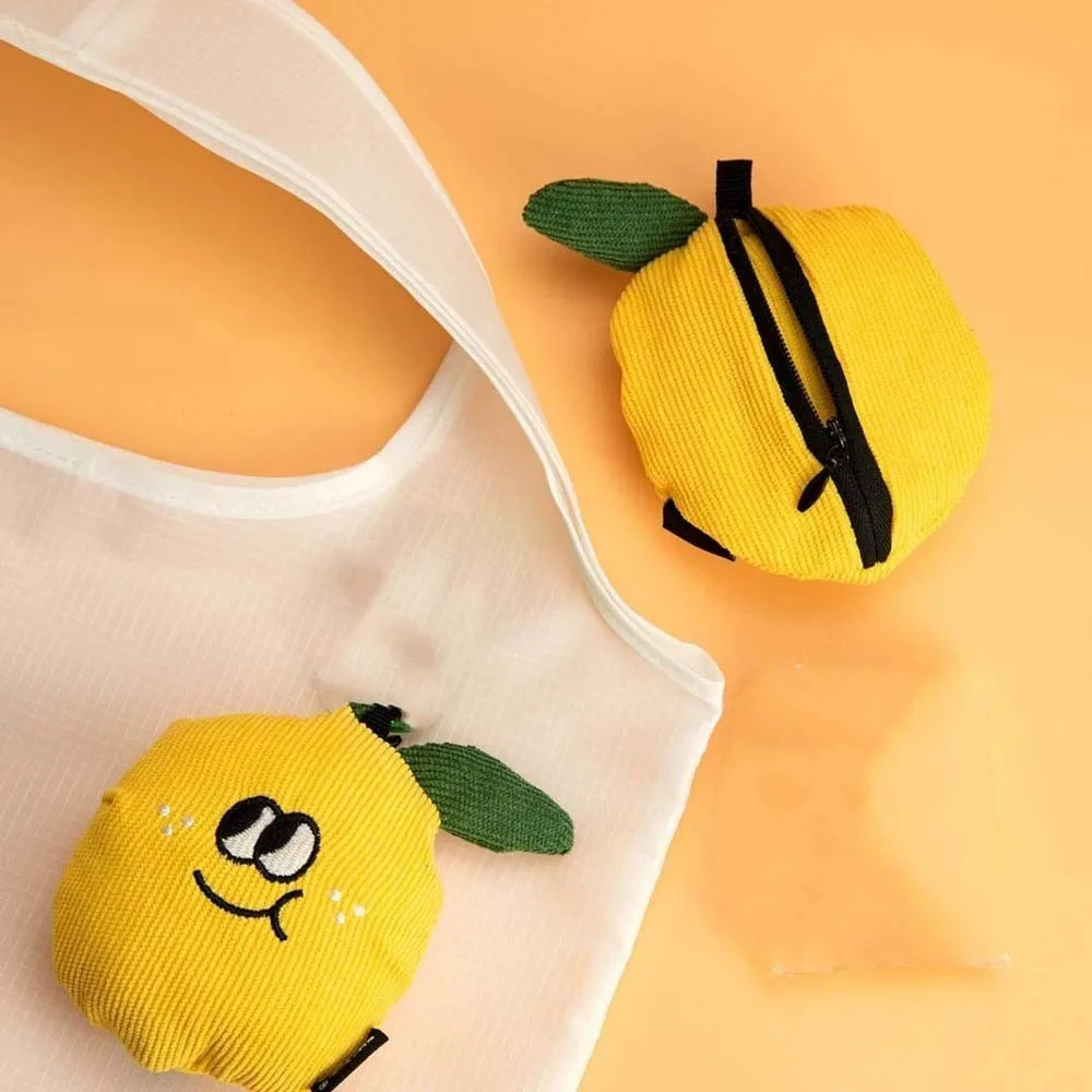 Cartoon Pendant with Shopping Bag Corduroy Large Capacity Eco-friendly Folding Pouch Lemon Cute Fruit Key Ring Shoulder Bag