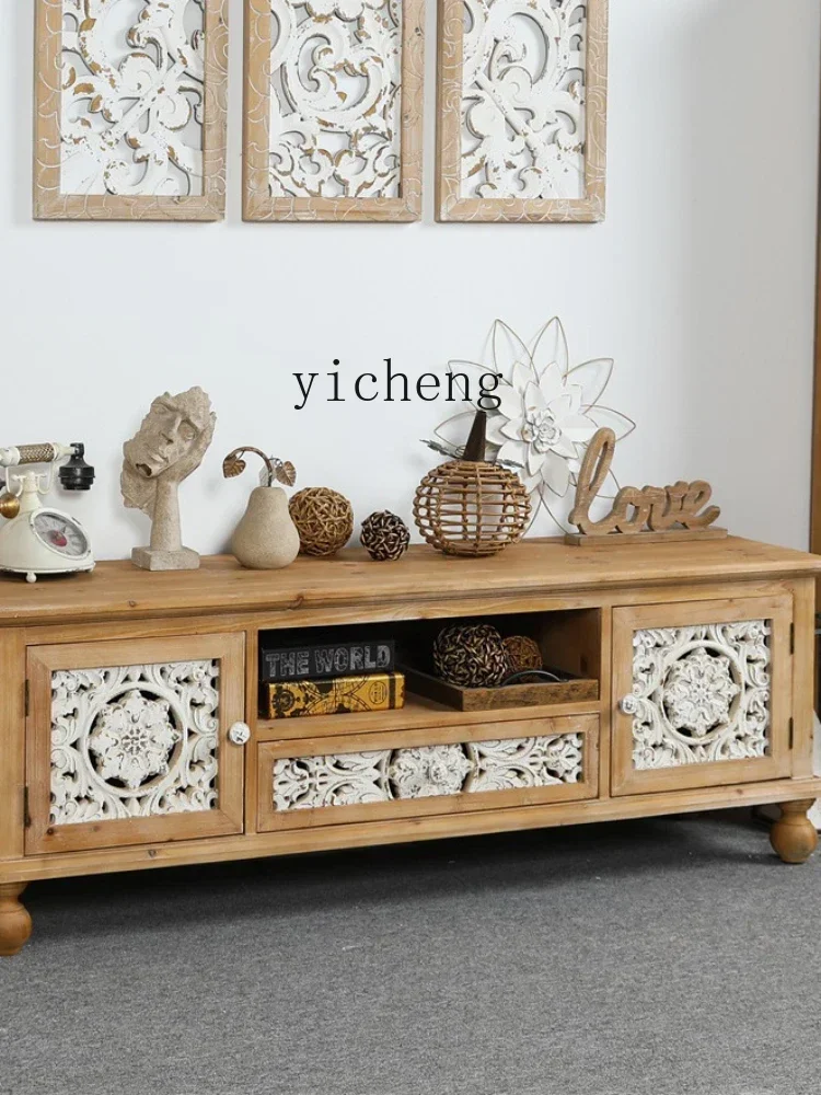 i10.9-Decorative Cabinet Country Retro Style Hollow Design Solid Wood Cabinet Integrated Sideboard Cabinet