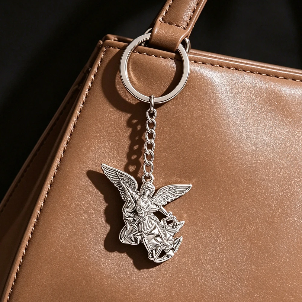 Vintage Archangel Michael Keychain Bag Accessories Patron Saint Michael Pendant Keyring Stainless Steel Solomon Jewelry