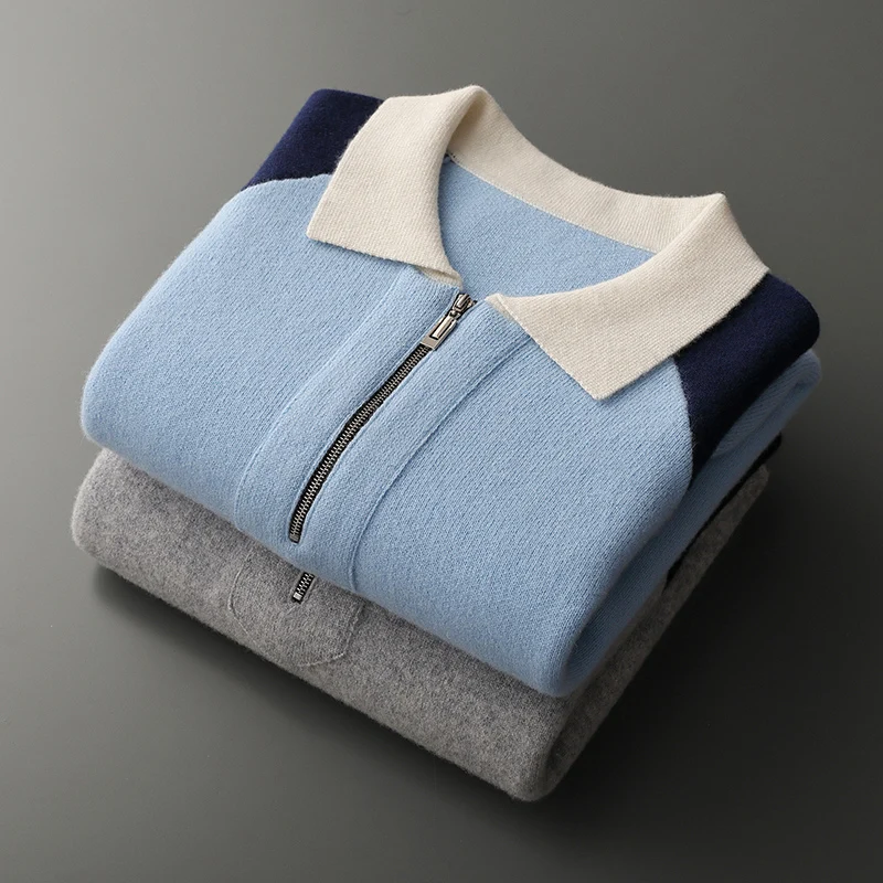 100% pure wool half zip color with rotator sleeve lapel pullover long sleeve knitted POLO shirt men's knitted base shirt