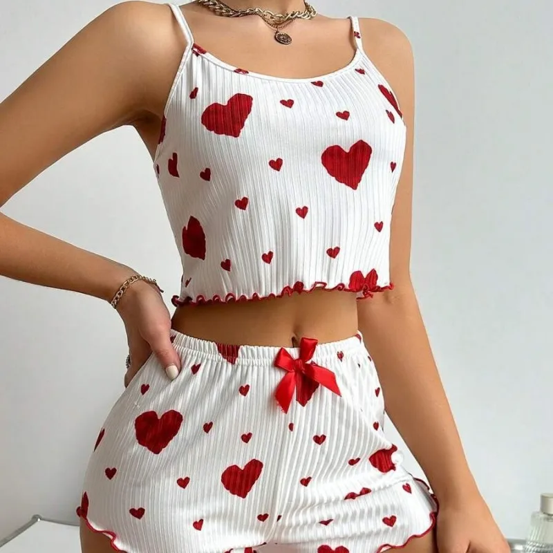 Set pigiama Sexy per donna pigiameria canottiere stampate a forma di cuore pantaloncini da notte per ragazze abbigliamento da casa femminile estate