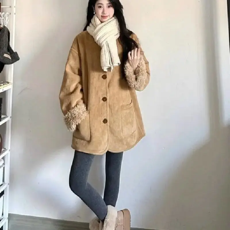 Reversible Wear Lamb Wool Jacket Women Winter New Korean Style Thick Motorcycle Cotton Coat Versatile Loose Long Sleeved Top