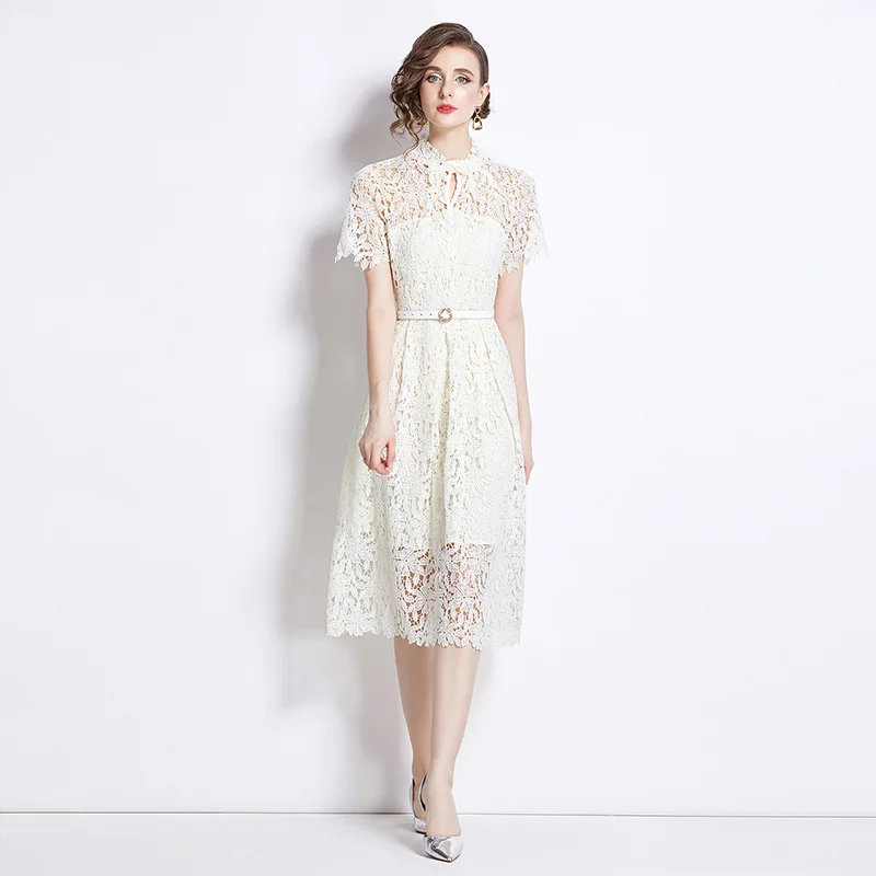 Niche High-end Hook Flower Hollow Temperament Dresses Women's Summer New Stand Neck Sashes Slim Fit Casual Lace Dress Trend