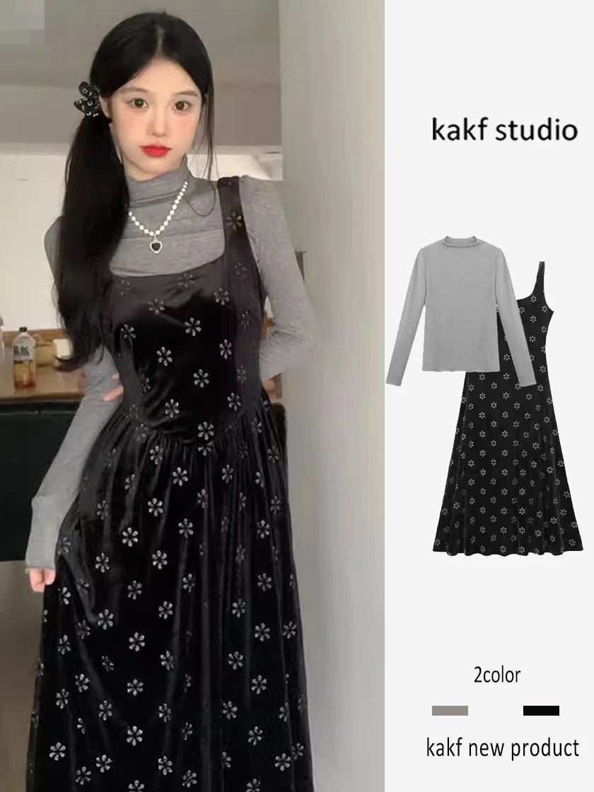 

Весенний ранний вязаный бархатный длинный комплект с ремешком на бретельках, топ с цветочным принтом, женский модный костюм из двух предметов, ансамбль для еды