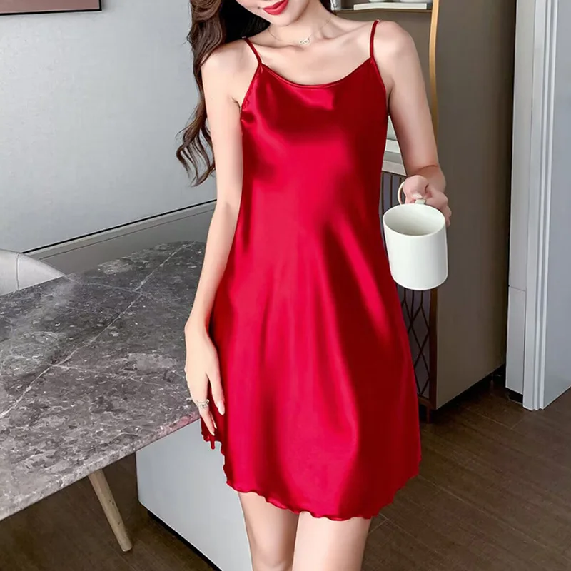 Women's Clothing Summer Ice Silk Nightgown Thin Sling Tank Top Silk Sexy Simulation Silk Comfortable Home Wear Pajamas Bathrobe