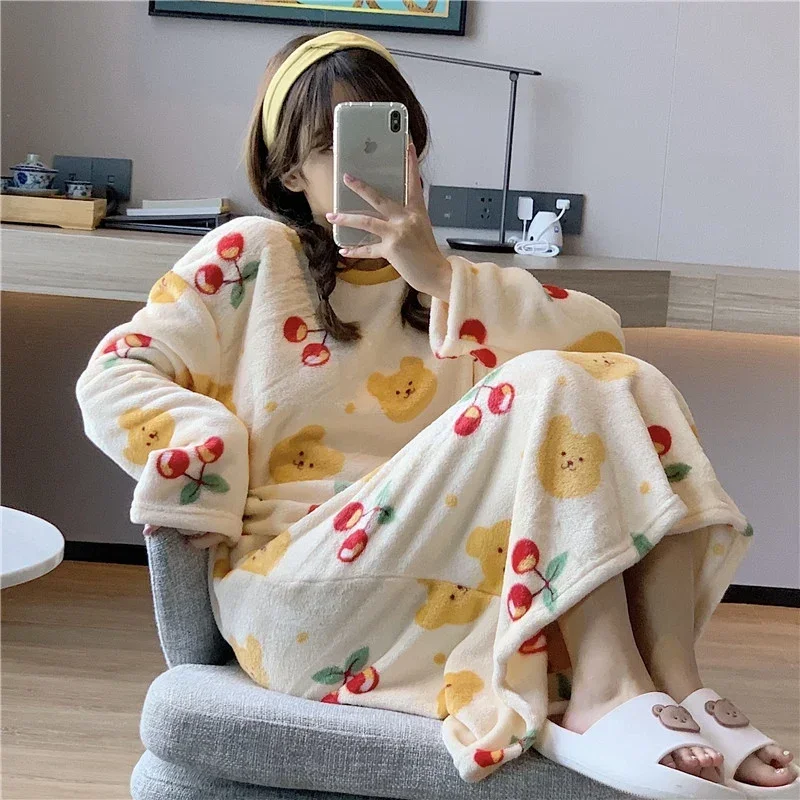 2023 Winter Long Sleeve Thick Warm Flannel Nightgowns for Women Korean Loose Sleepwear Nightdress Ladies Night Dress Home Nighty