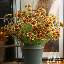 SunMade New Real Touch Daisy Branch with Green Leaves Fake Flowers Living Room Decoration Wedding Table Decor Flores Artificales