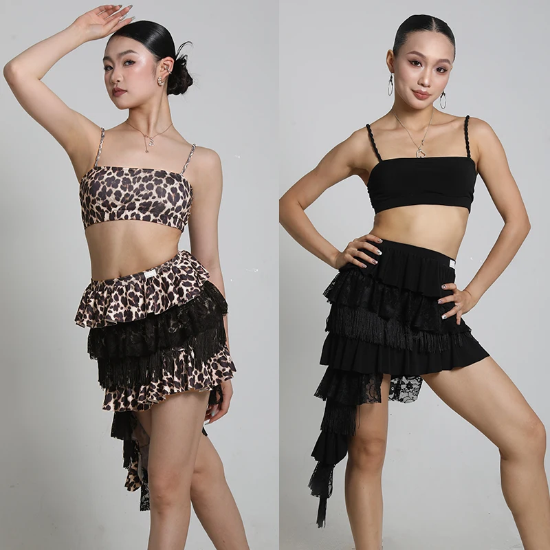 

Летняя одежда для латинских танцев, женская тренировочная одежда, топы, кружевная юбка с бахромой для взрослых, костюм для выступлений ча-ча-румба, танго, DNV25510
