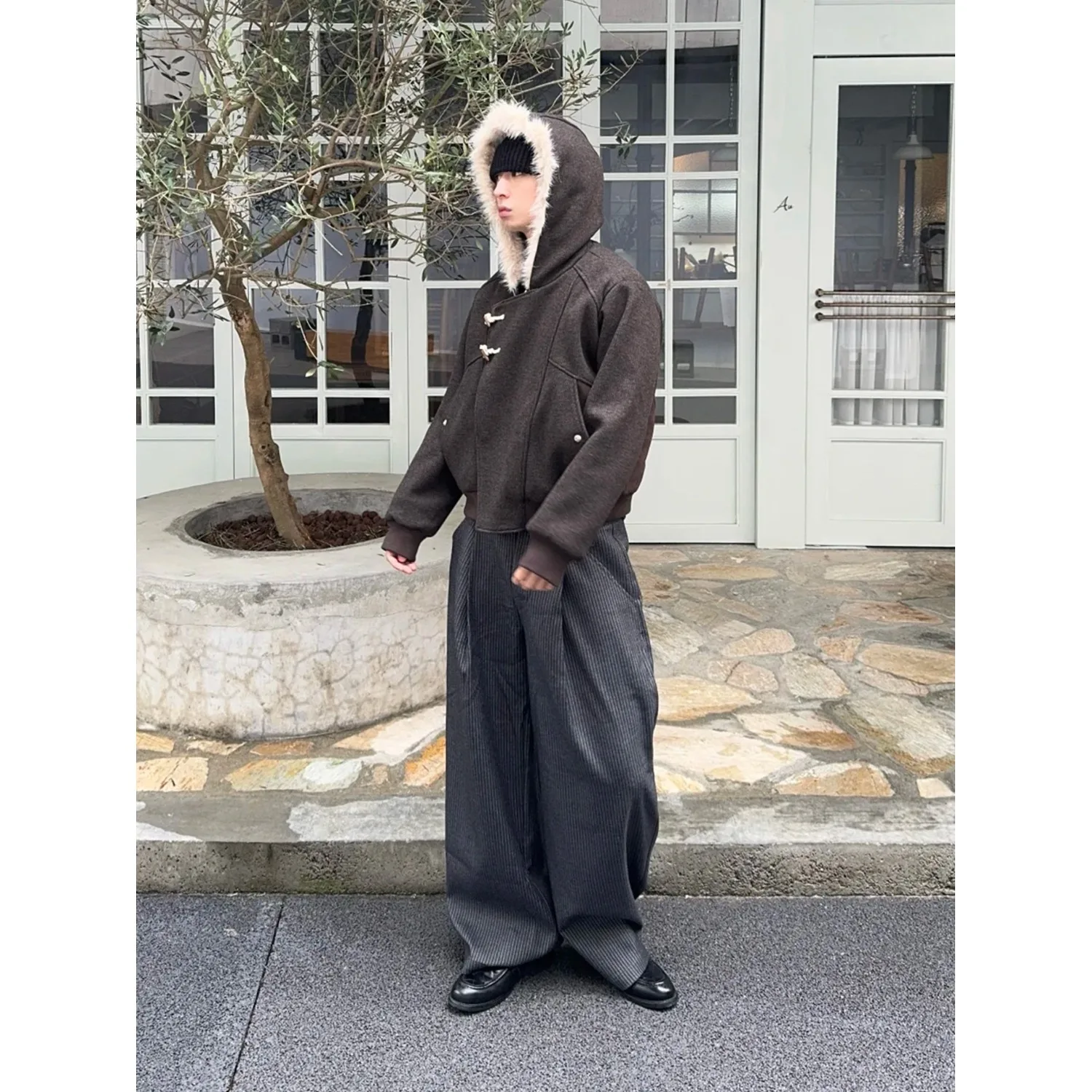 

New Style Slanted Placket Horn Button Mountain Hawk Wool Blazer Men's and Women's Winter High-End Warm Fleece Lined Hooded Coat