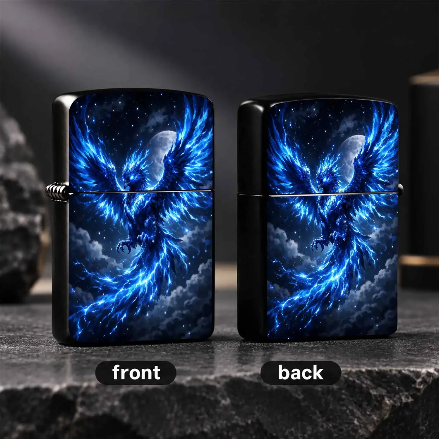Blue Lightning Phoenix Themed Portable Lighter, Stunning Starry Sky Full Moon Mythical Bird Flying Design, Cool Stylish Accessory For Camping Daily Use Gifting, Multi-Scenario Practical Decorative Unique Present Interesting And Humorous Lig