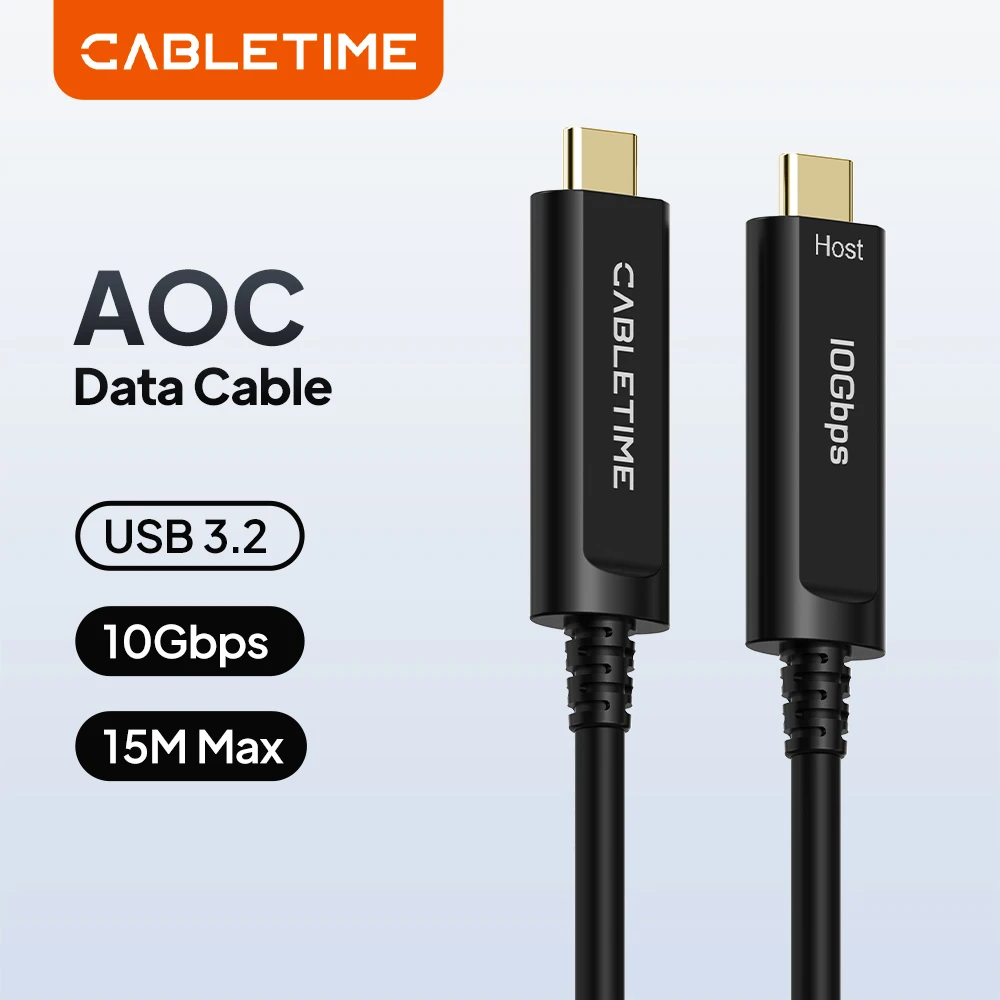 CABLETIME 10Gbps USB C AOC Cable Long Zinc Alloy 5M/10M/15M USB 3.2 Fiber Optical Data Cable for Gaming Meetings VR Camera