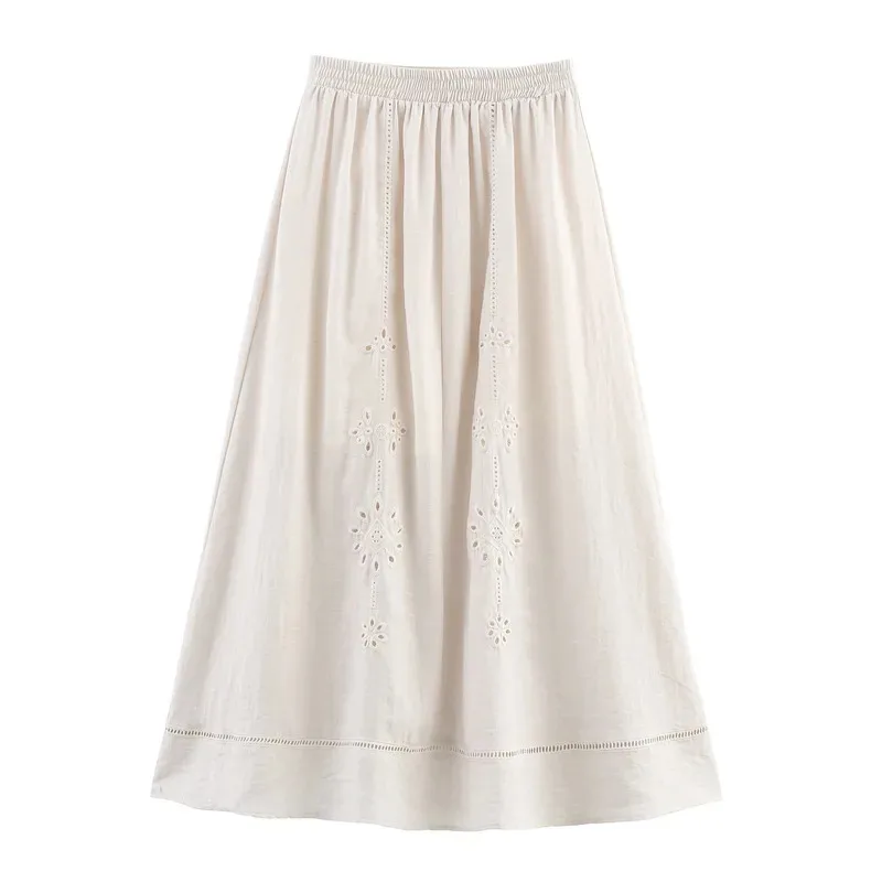 Women's Retro Sleeveless Skirt Suit Hollow Embroidery Short Suspender Top A-Line Elastic Waist Midi Skirt Summer Fashion