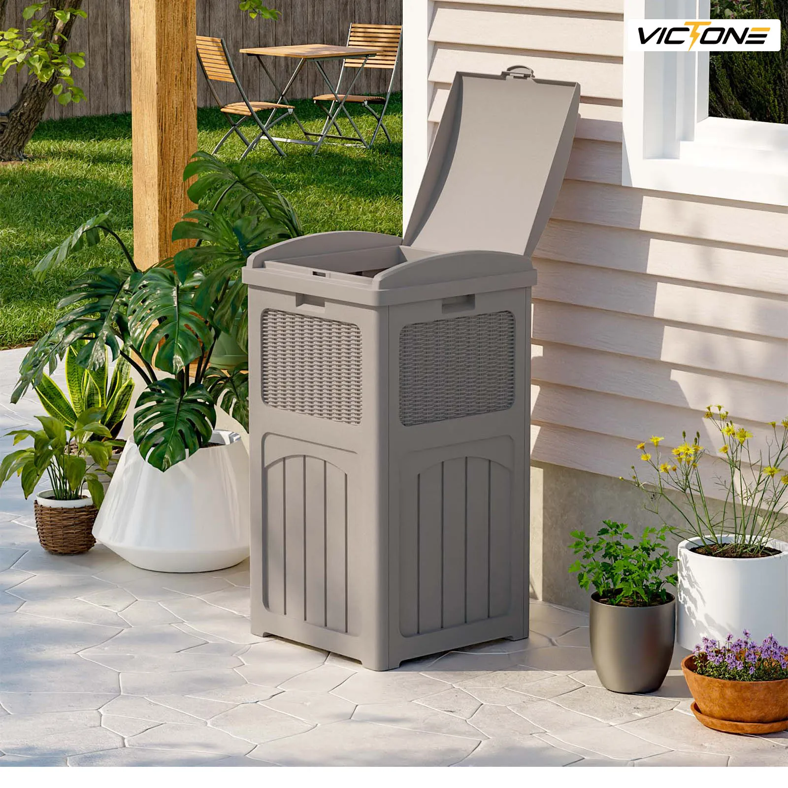 

Victone 36 Gallon Outdoor Trash Can, Resin Outdoor Garbage Can with Lid for Patio, Backyard, Deck, Light Brwon