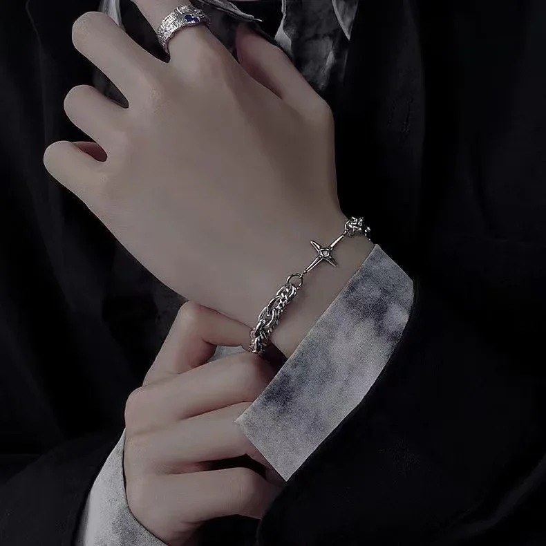 العصرية شخصية الشظية اللون الفولاذ المقاوم للصدأ ستار الصليب سلسلة سميكة أساور قلادة مجموعة للنساء الرجال الشرير الهيب هوب مجوهرات #1